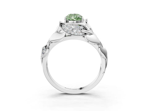 White gold Fancy Green Pear Cut Solitaire Leaf-Inspired Engagement Ring with Prong Setting_3