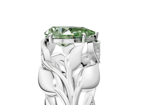 White gold Fancy Green Pear Cut Solitaire Leaf-Inspired Engagement Ring with Prong Setting_5