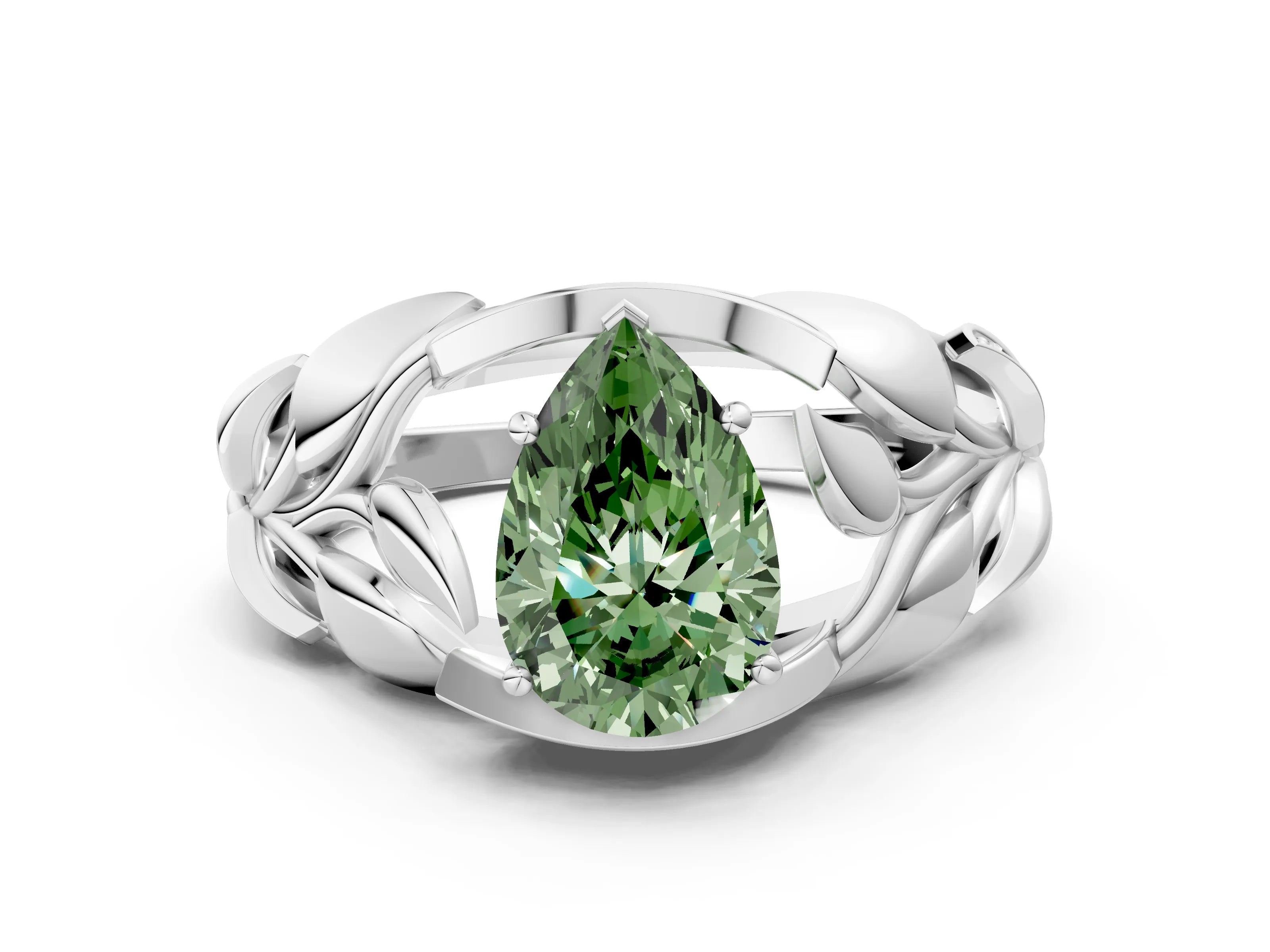 White gold Fancy Green Pear Cut Solitaire Leaf-Inspired Engagement Ring with Prong Setting