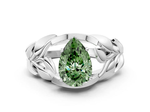 White gold Fancy Green Pear Cut Solitaire Leaf-Inspired Engagement Ring with Prong Setting
