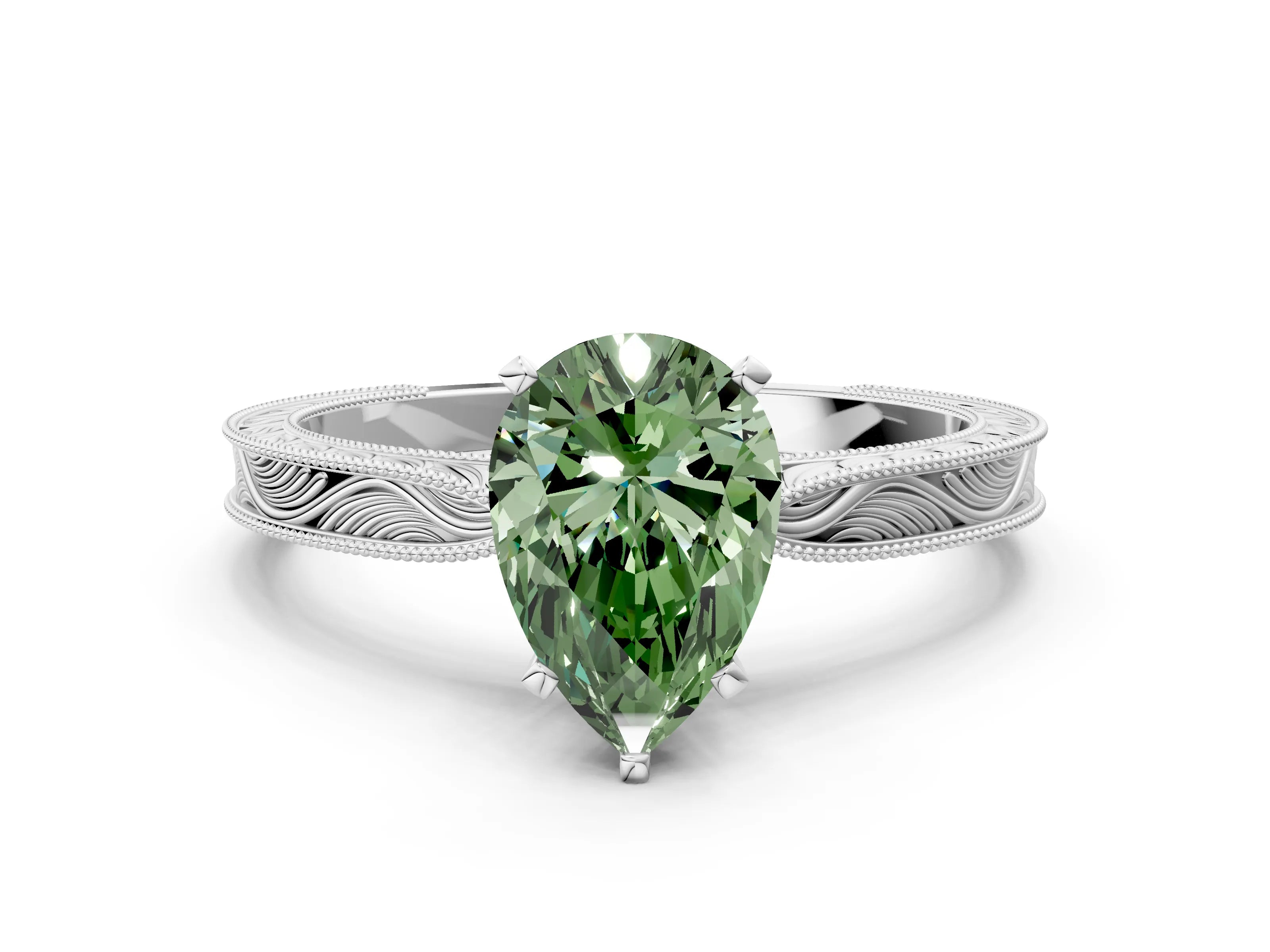 White gold Fancy Green Pear Cut Solitaire Milgrain Engraved Band with Four-Prong Setting_12