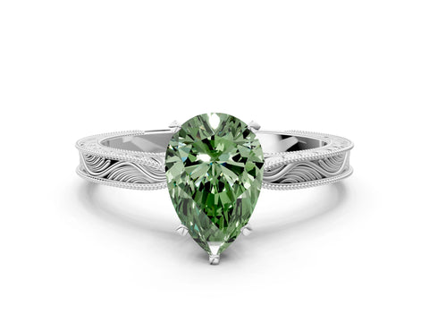 White gold Fancy Green Pear Cut Solitaire Milgrain Engraved Band with Four-Prong Setting_12