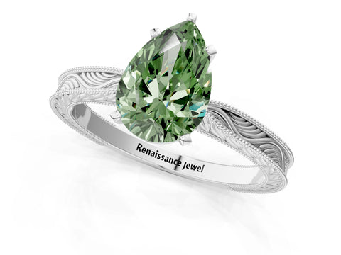 White gold Fancy Green Pear Cut Solitaire Milgrain Engraved Band with Four-Prong Setting_13