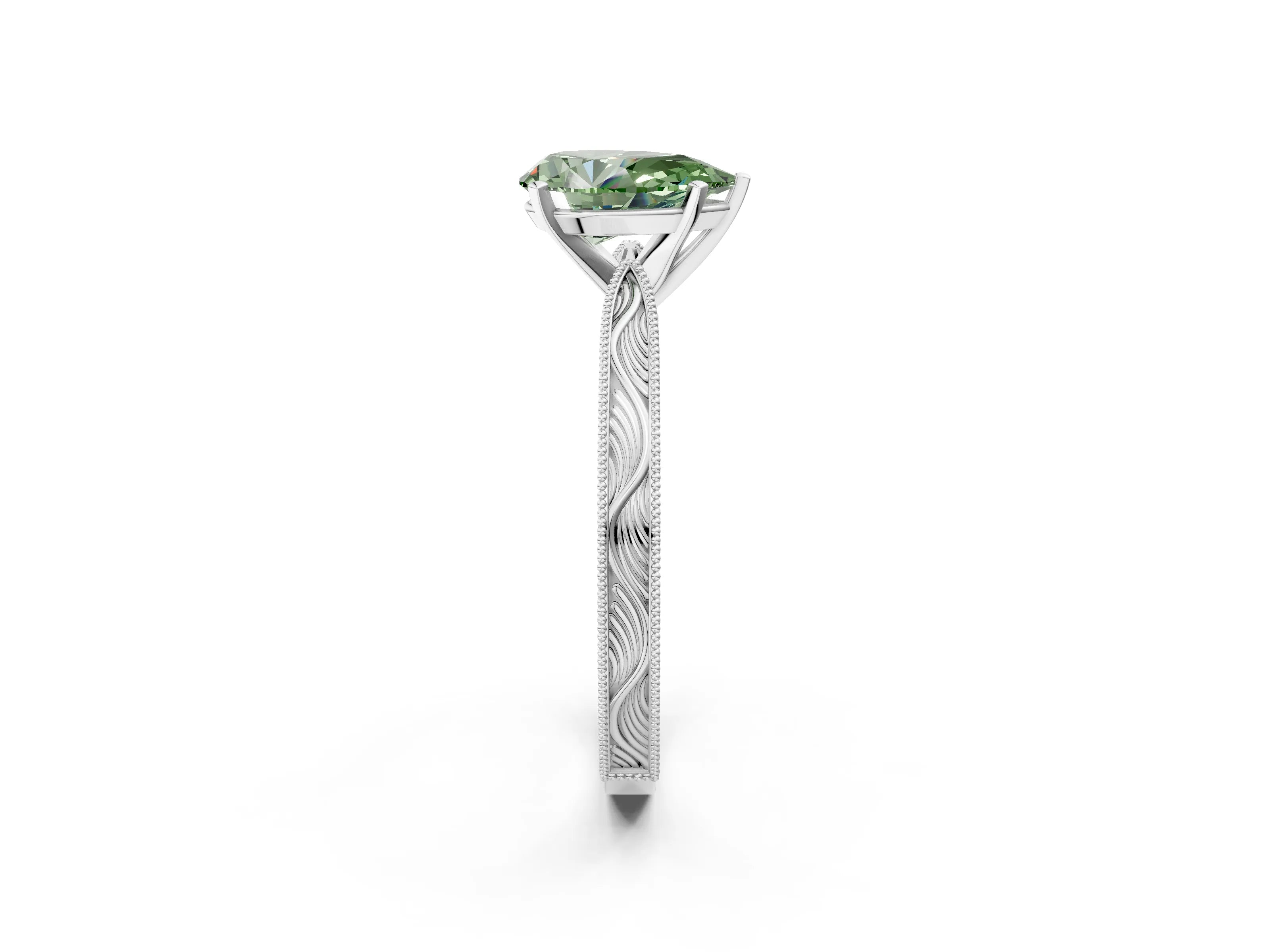 White gold Fancy Green Pear Cut Solitaire Milgrain Engraved Band with Four-Prong Setting_14