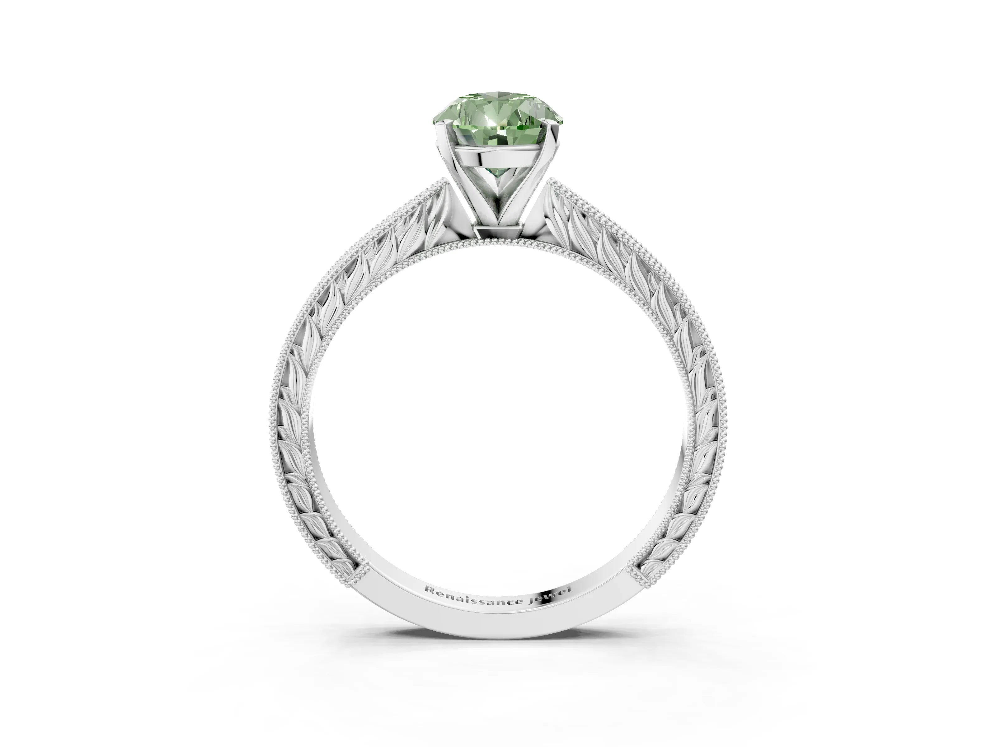 White gold Fancy Green Pear Cut Solitaire Milgrain Engraved Band with Four-Prong Setting_15