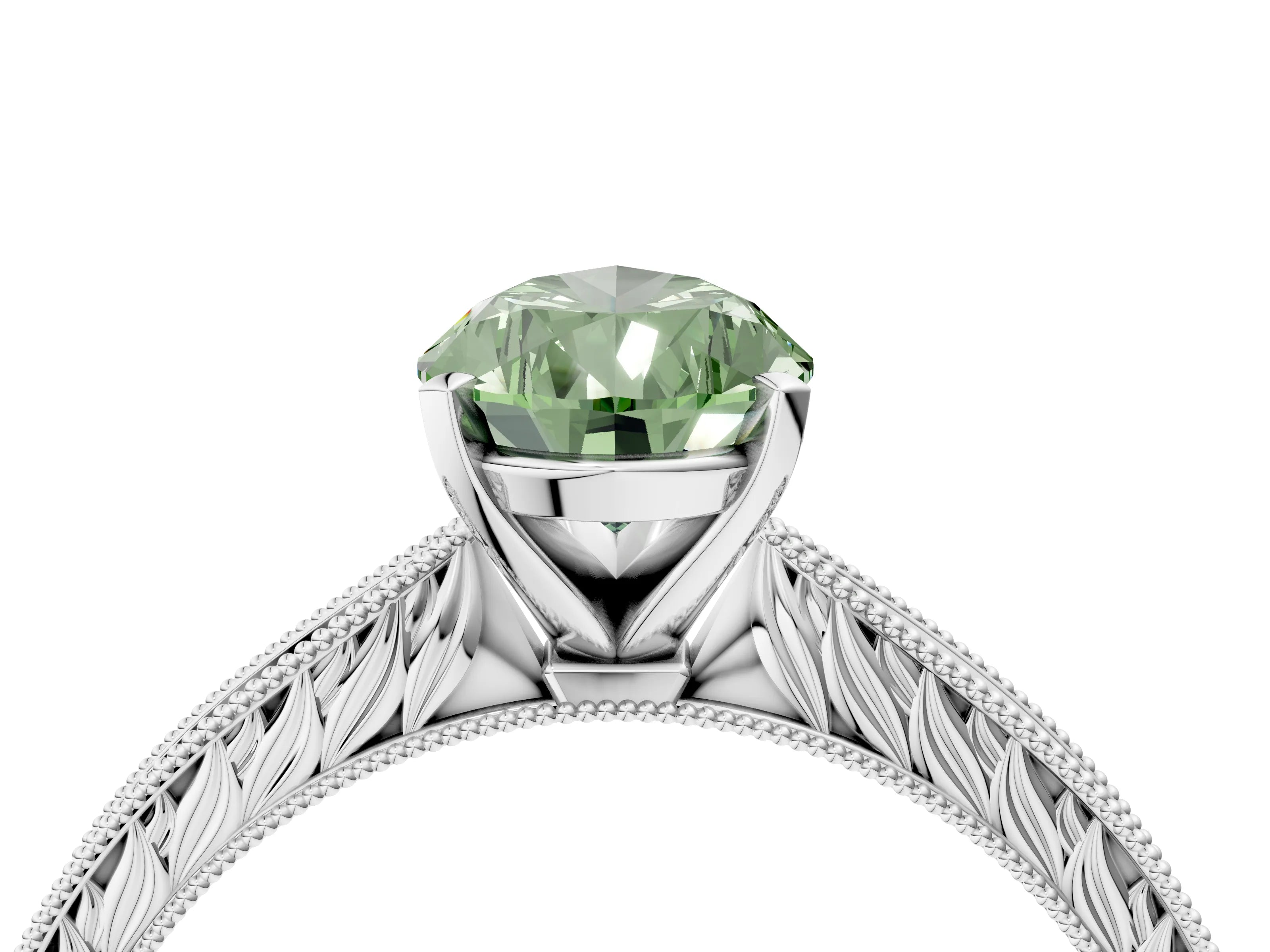 White gold Fancy Green Pear Cut Solitaire Milgrain Engraved Band with Four-Prong Setting_16