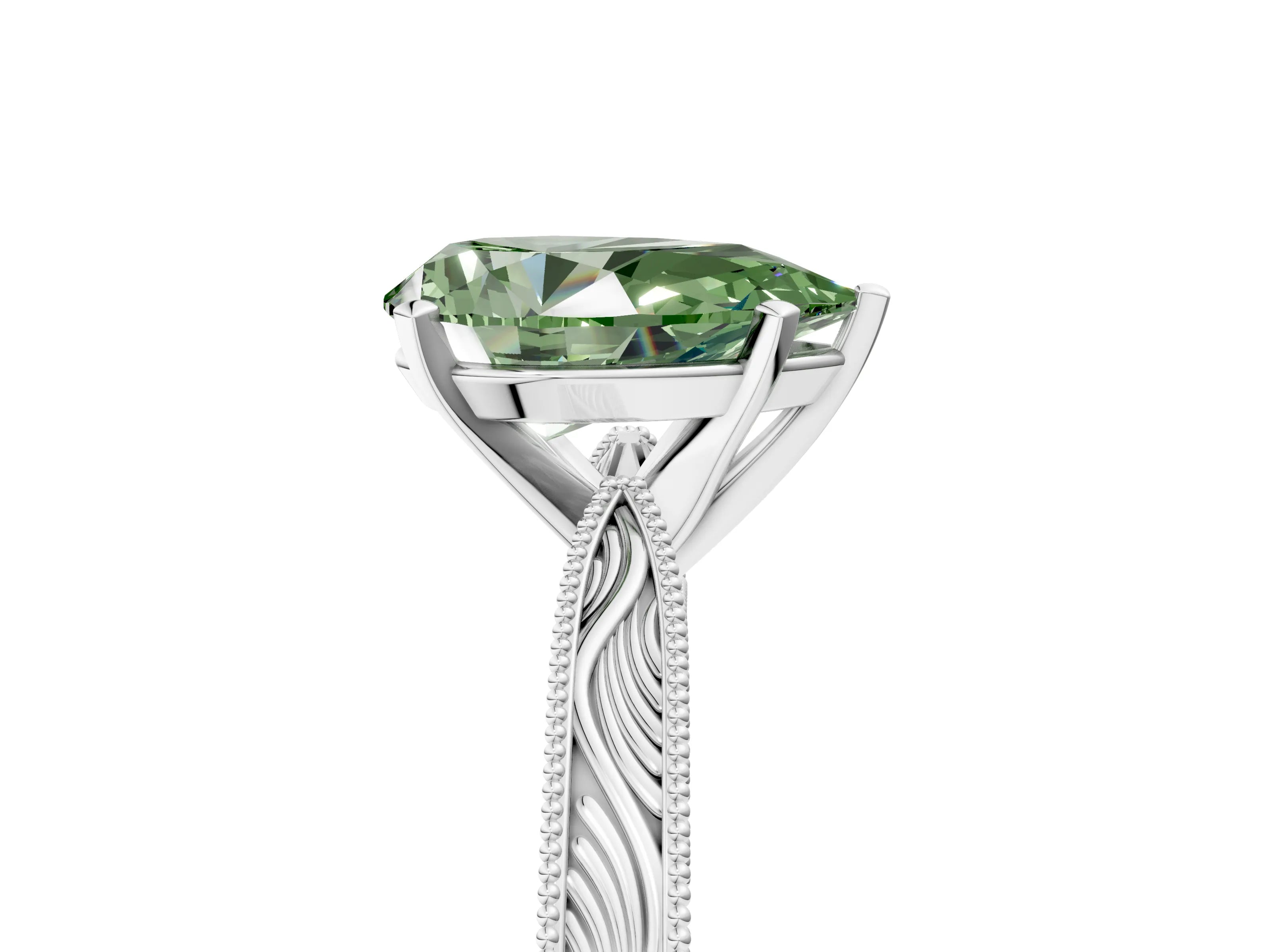 White gold Fancy Green Pear Cut Solitaire Milgrain Engraved Band with Four-Prong Setting_17