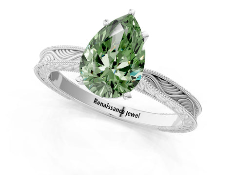 White gold Fancy Green Pear Cut Solitaire Milgrain Engraved Band with Four-Prong Setting_1