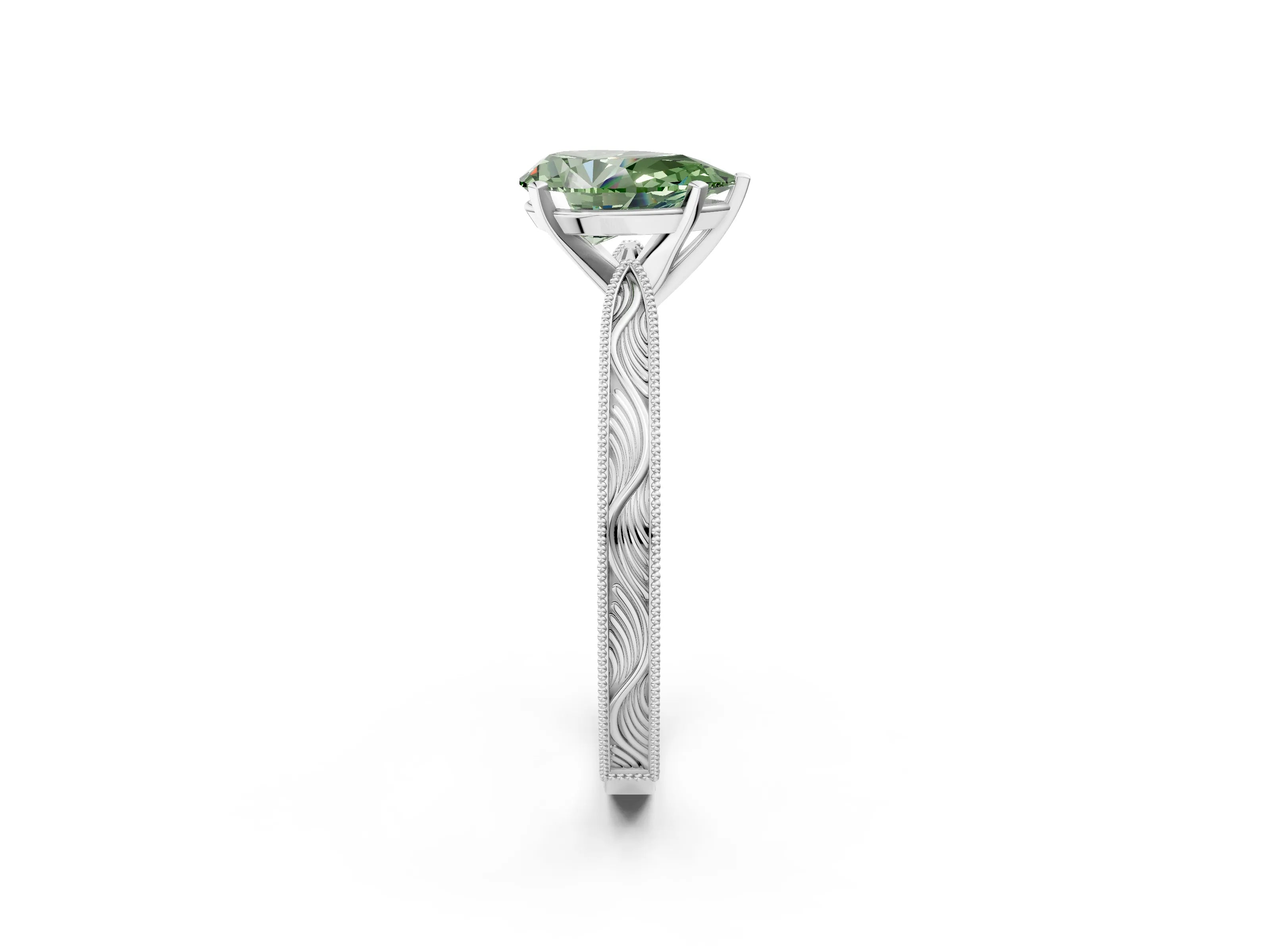White gold Fancy Green Pear Cut Solitaire Milgrain Engraved Band with Four-Prong Setting_2