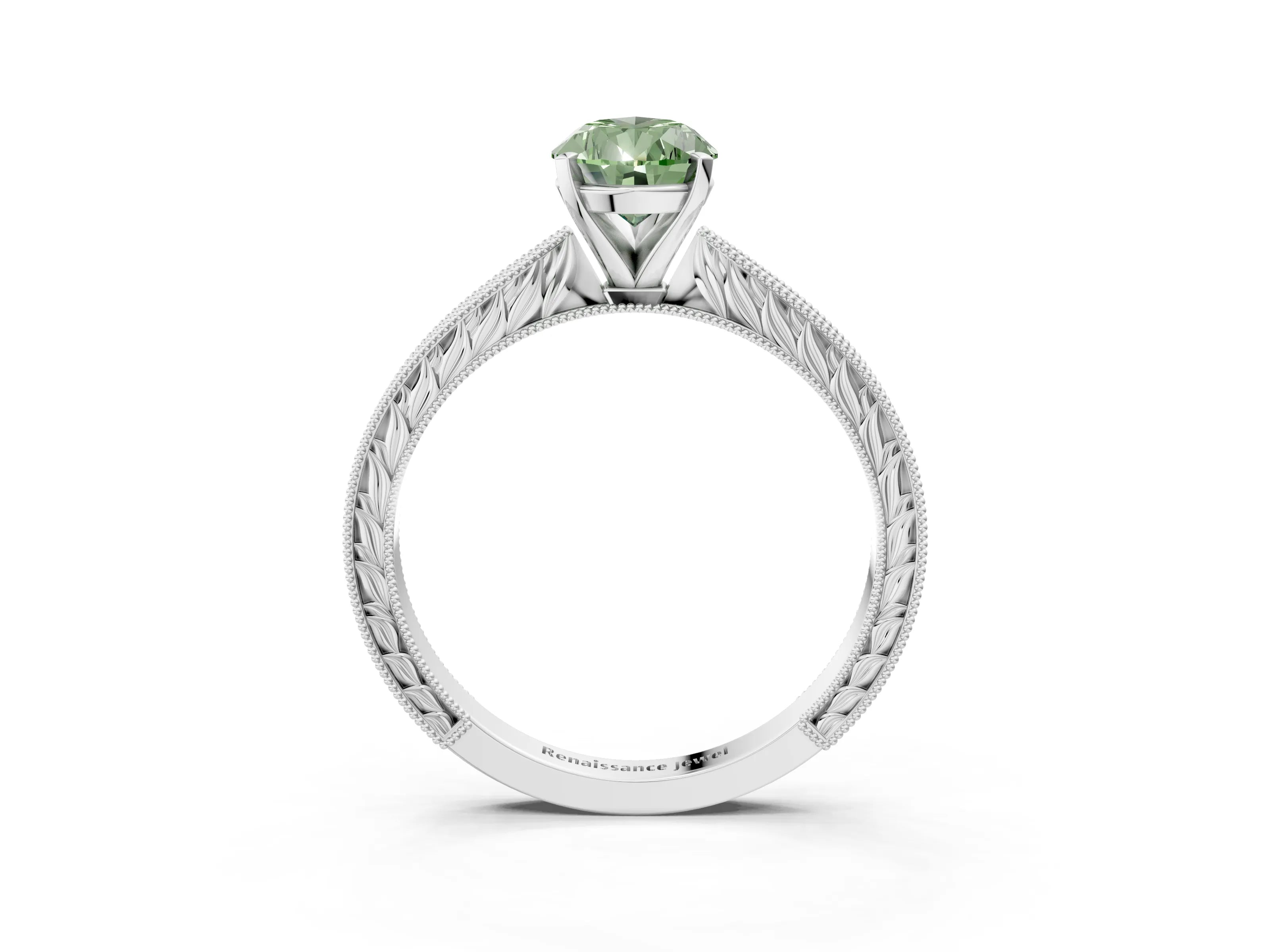 White gold Fancy Green Pear Cut Solitaire Milgrain Engraved Band with Four-Prong Setting_3