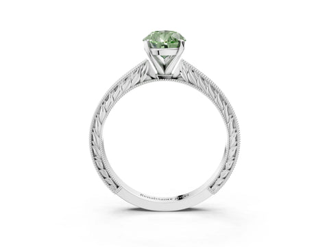 White gold Fancy Green Pear Cut Solitaire Milgrain Engraved Band with Four-Prong Setting_3