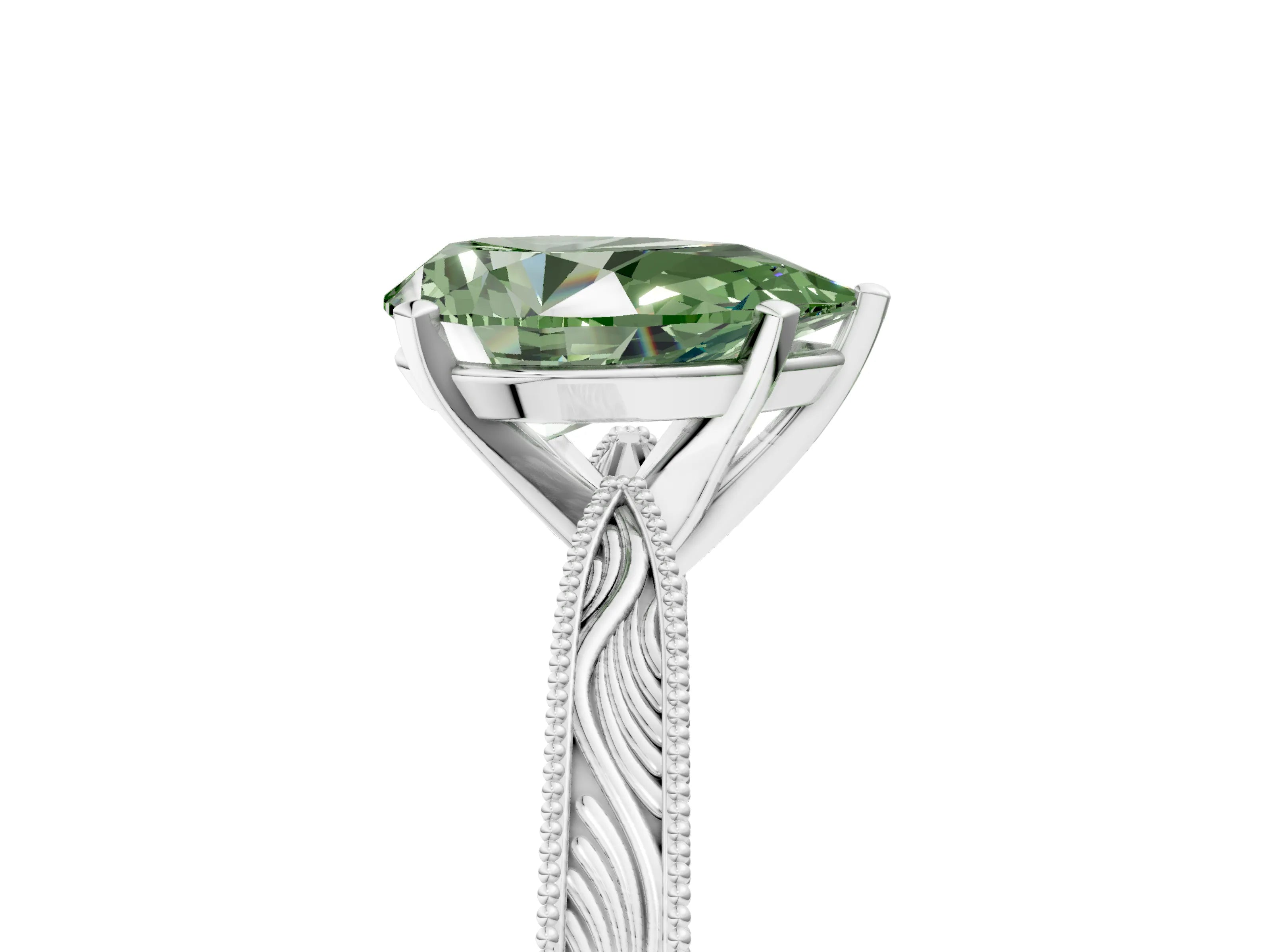 White gold Fancy Green Pear Cut Solitaire Milgrain Engraved Band with Four-Prong Setting_5