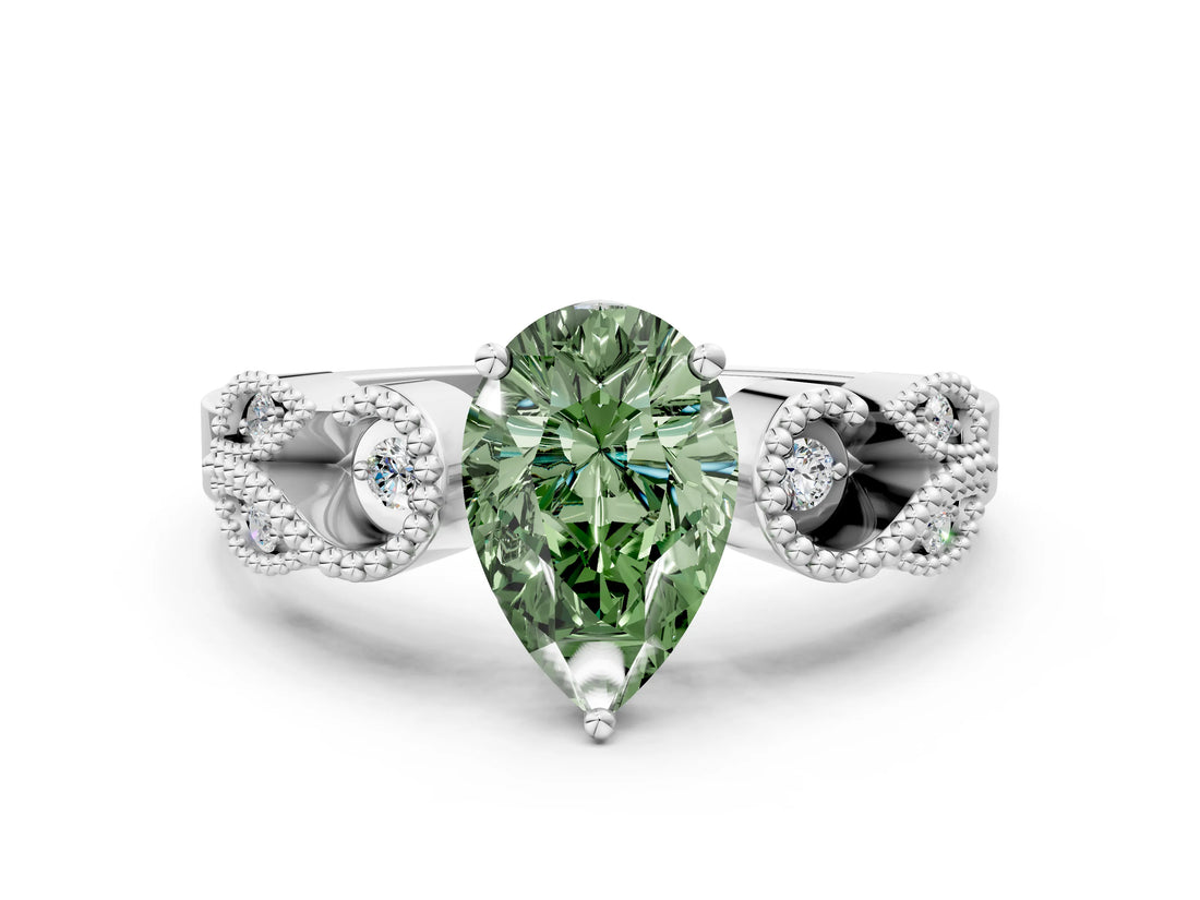 White gold Fancy Green Pear Cut Solitaire Milgrain Leaf Band with Prong Setting_12