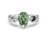 White gold Fancy Green Pear Cut Solitaire Milgrain Leaf Band with Prong Setting_12