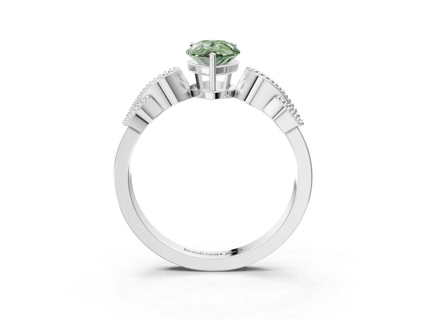 Platinum Fancy Green Pear Cut Solitaire Milgrain Leaf Band with Prong Setting