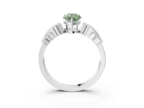 White gold Fancy Green Pear Cut Solitaire Milgrain Leaf Band with Prong Setting_15
