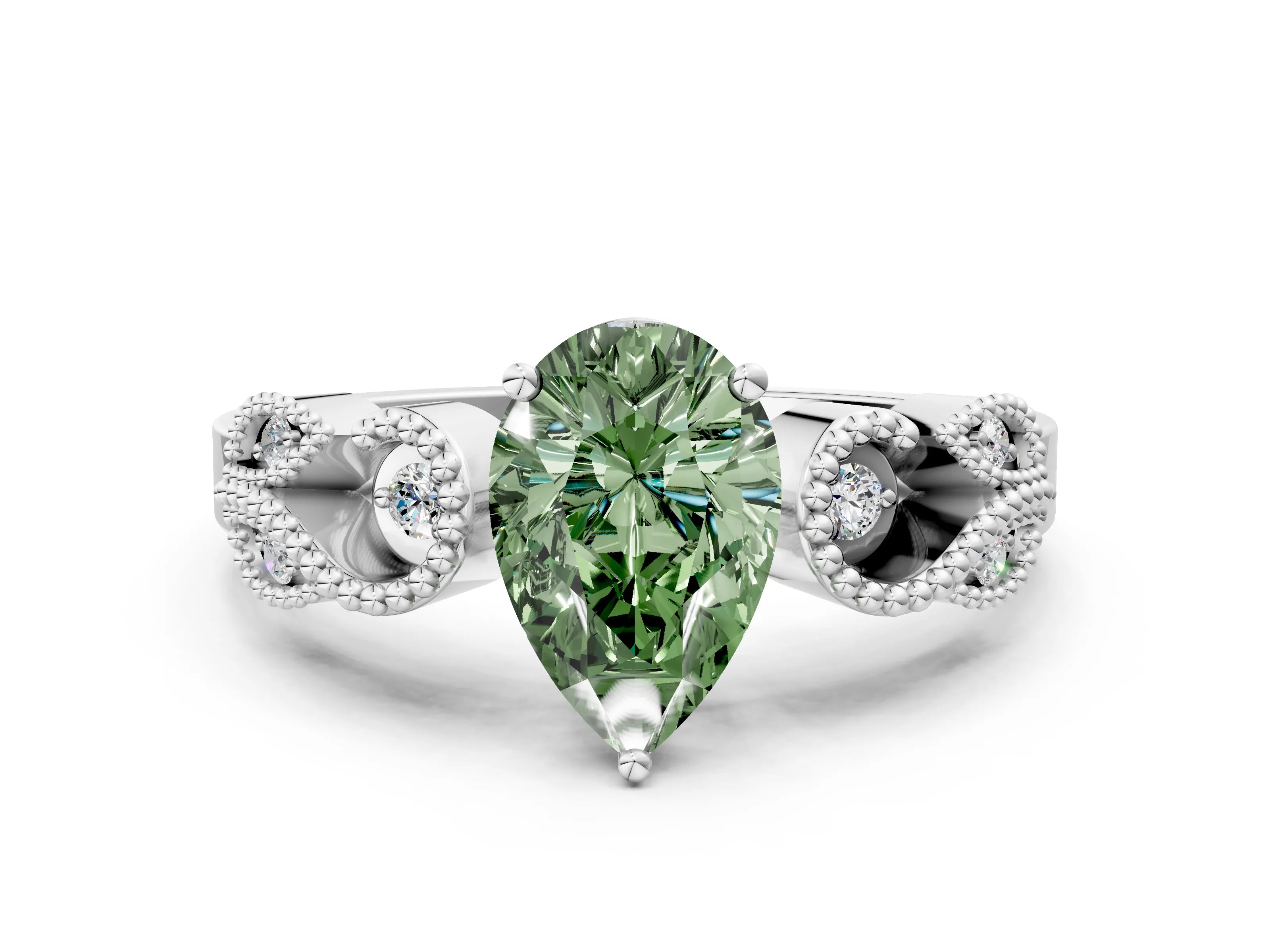 White gold Fancy Green Pear Cut Solitaire Milgrain Leaf Band with Prong Setting