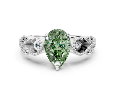 White gold Fancy Green Pear Cut Solitaire Milgrain Leaf Band with Prong Setting