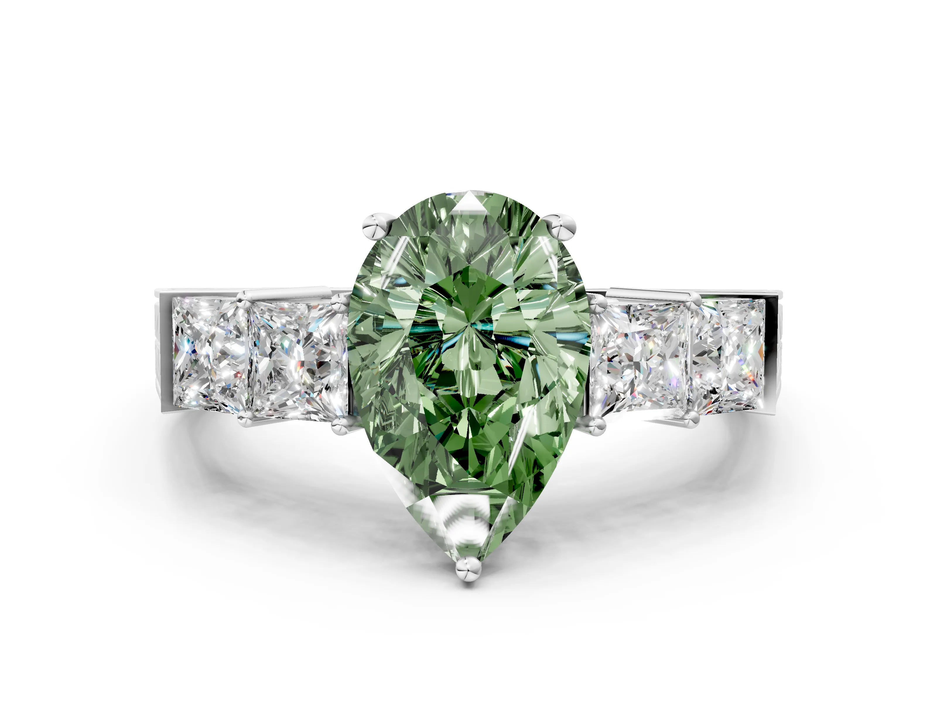 White gold Fancy Green Pear Cut Solitaire Princess Side Stone Engraved Band Prong Setting Ring_12