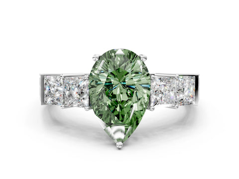 White gold Fancy Green Pear Cut Solitaire Princess Side Stone Engraved Band Prong Setting Ring_12
