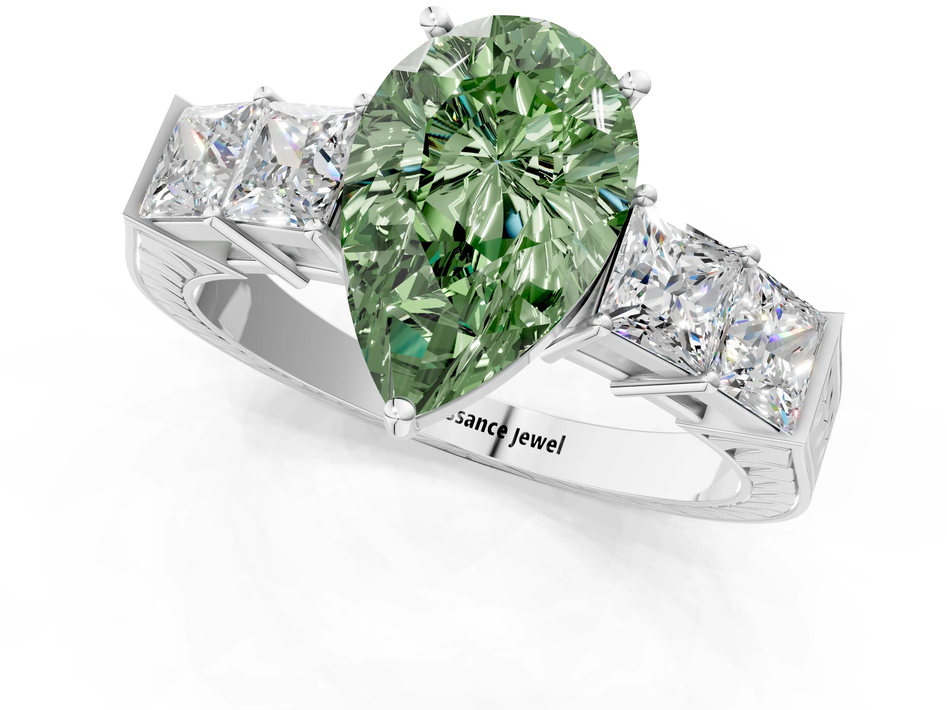 White gold Fancy Green Pear Cut Solitaire Princess Side Stone Engraved Band Prong Setting Ring_13