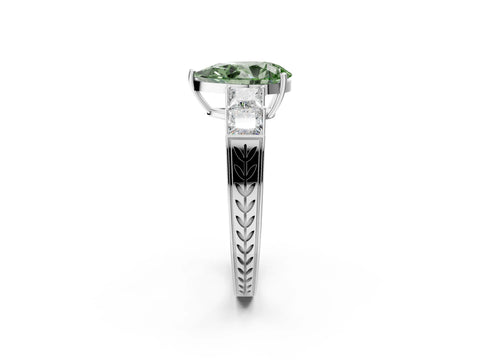 White gold Fancy Green Pear Cut Solitaire Princess Side Stone Engraved Band Prong Setting Ring_14