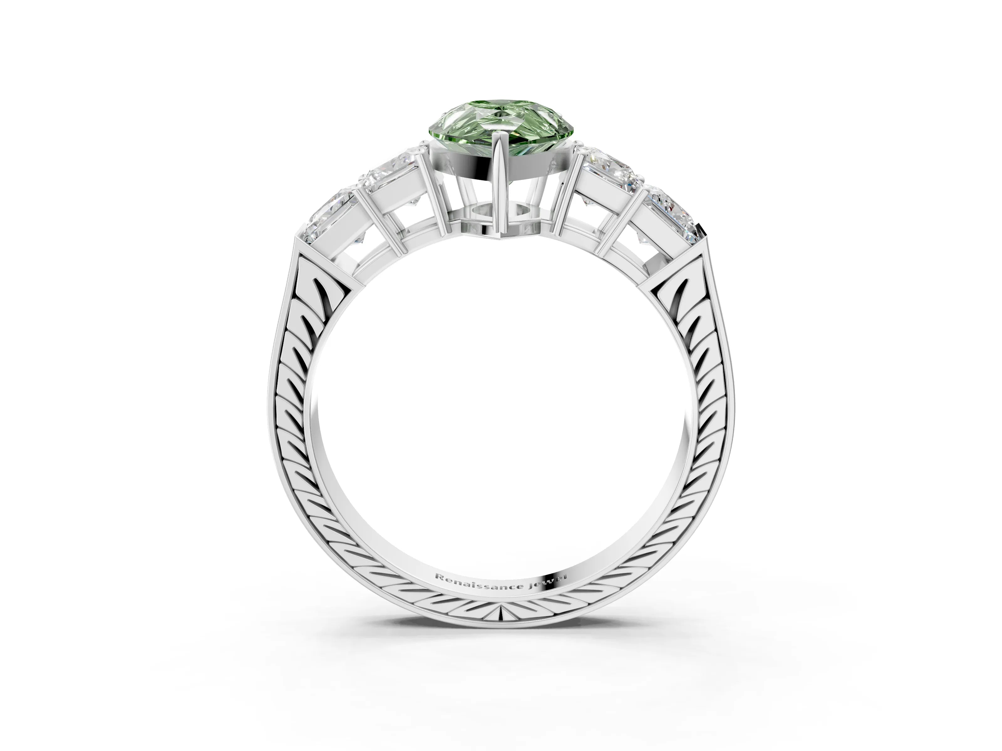 White gold Fancy Green Pear Cut Solitaire Princess Side Stone Engraved Band Prong Setting Ring_15