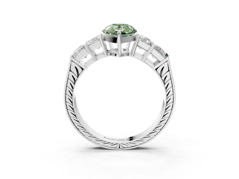 White gold Fancy Green Pear Cut Solitaire Princess Side Stone Engraved Band Prong Setting Ring_15