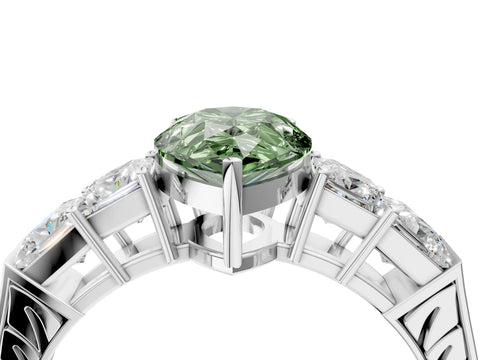 White gold Fancy Green Pear Cut Solitaire Princess Side Stone Engraved Band Prong Setting Ring_16
