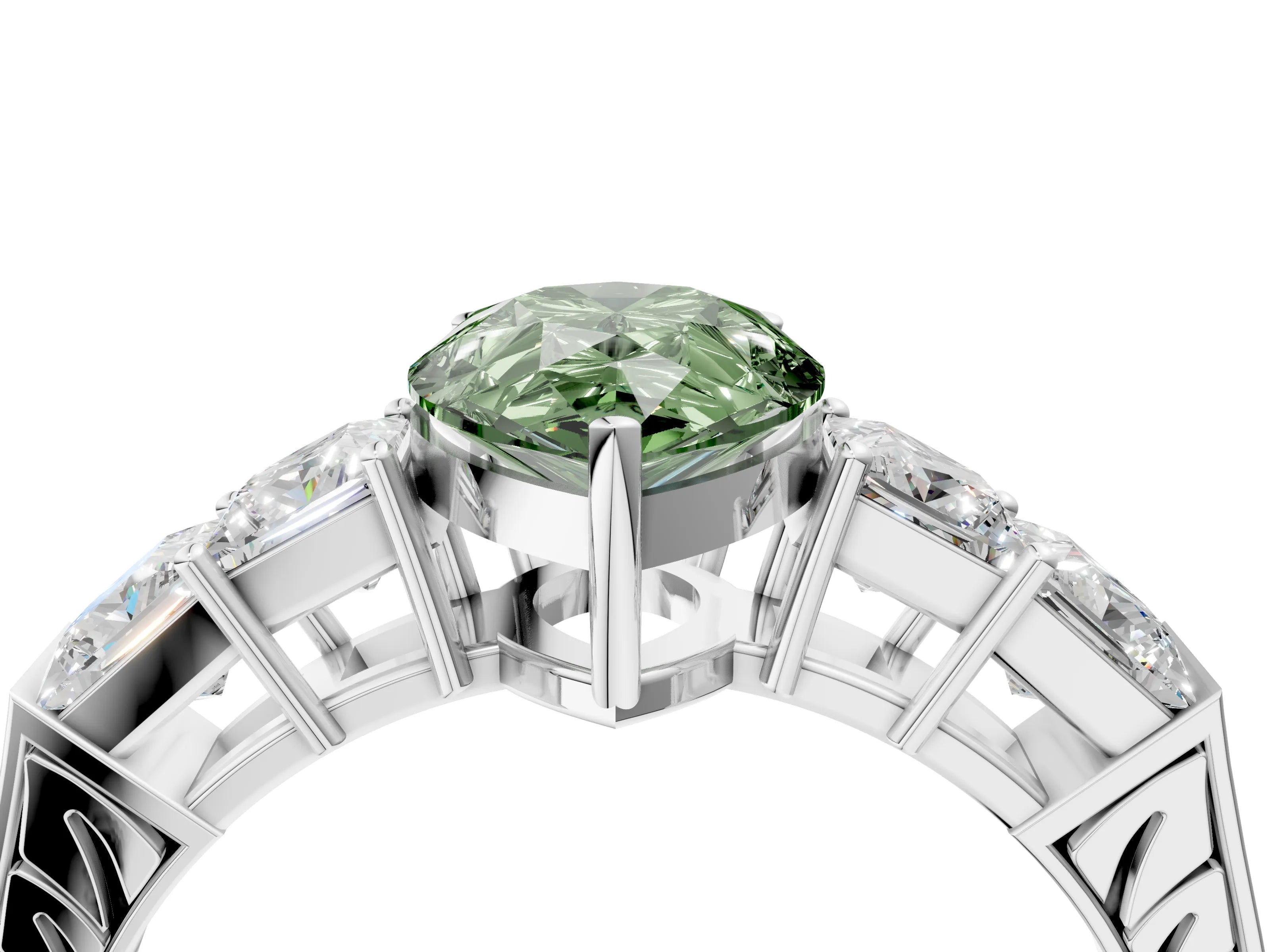 White gold Fancy Green Pear Cut Solitaire Princess Side Stone Engraved Band Prong Setting Ring_16