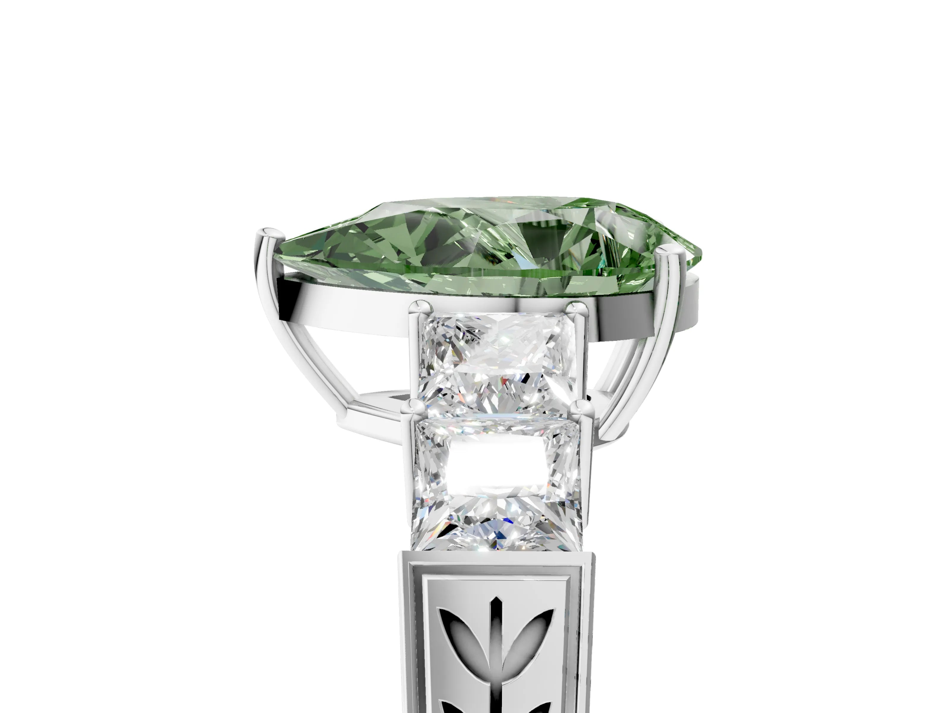 White gold Fancy Green Pear Cut Solitaire Princess Side Stone Engraved Band Prong Setting Ring_17