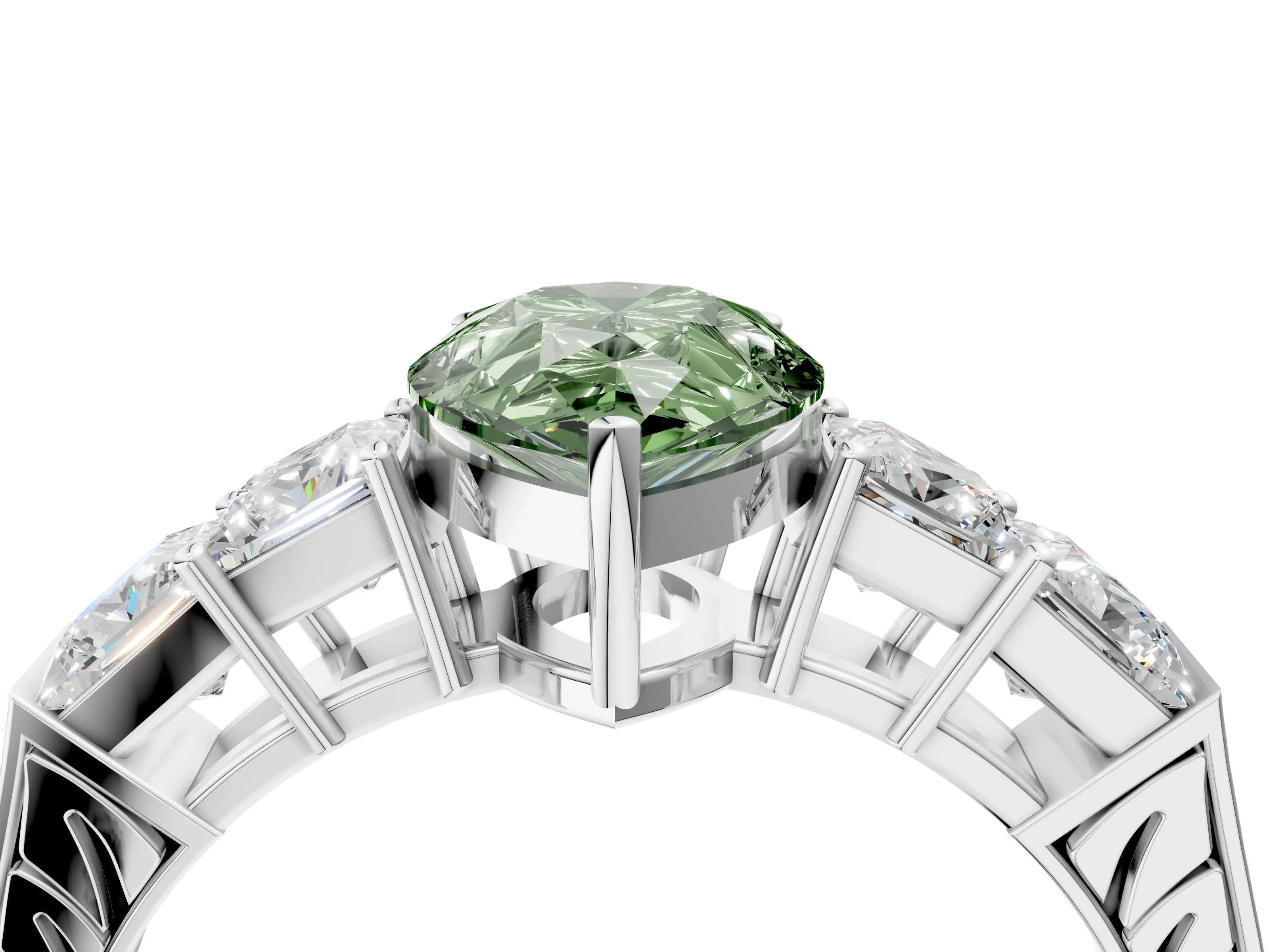 White gold Fancy Green Pear Cut Solitaire Princess Side Stone Engraved Band Prong Setting Ring_4