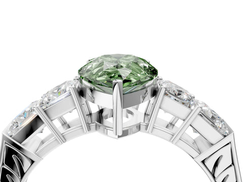 White gold Fancy Green Pear Cut Solitaire Princess Side Stone Engraved Band Prong Setting Ring_4