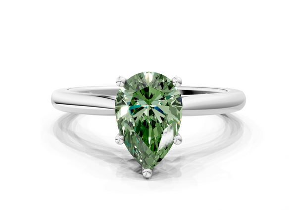 White gold Fancy Green Pear  Cut Solitaire Ring with Cathedral Band and Four-Prong Setting