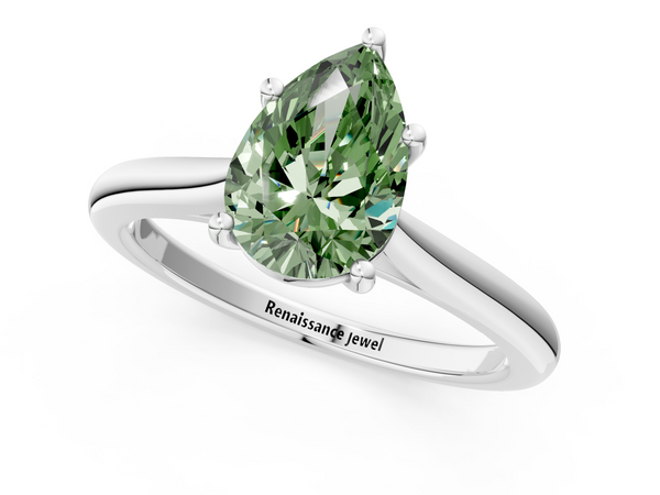 White gold Fancy Green Pear  Cut Solitaire Ring with Cathedral Band and Four-Prong Setting