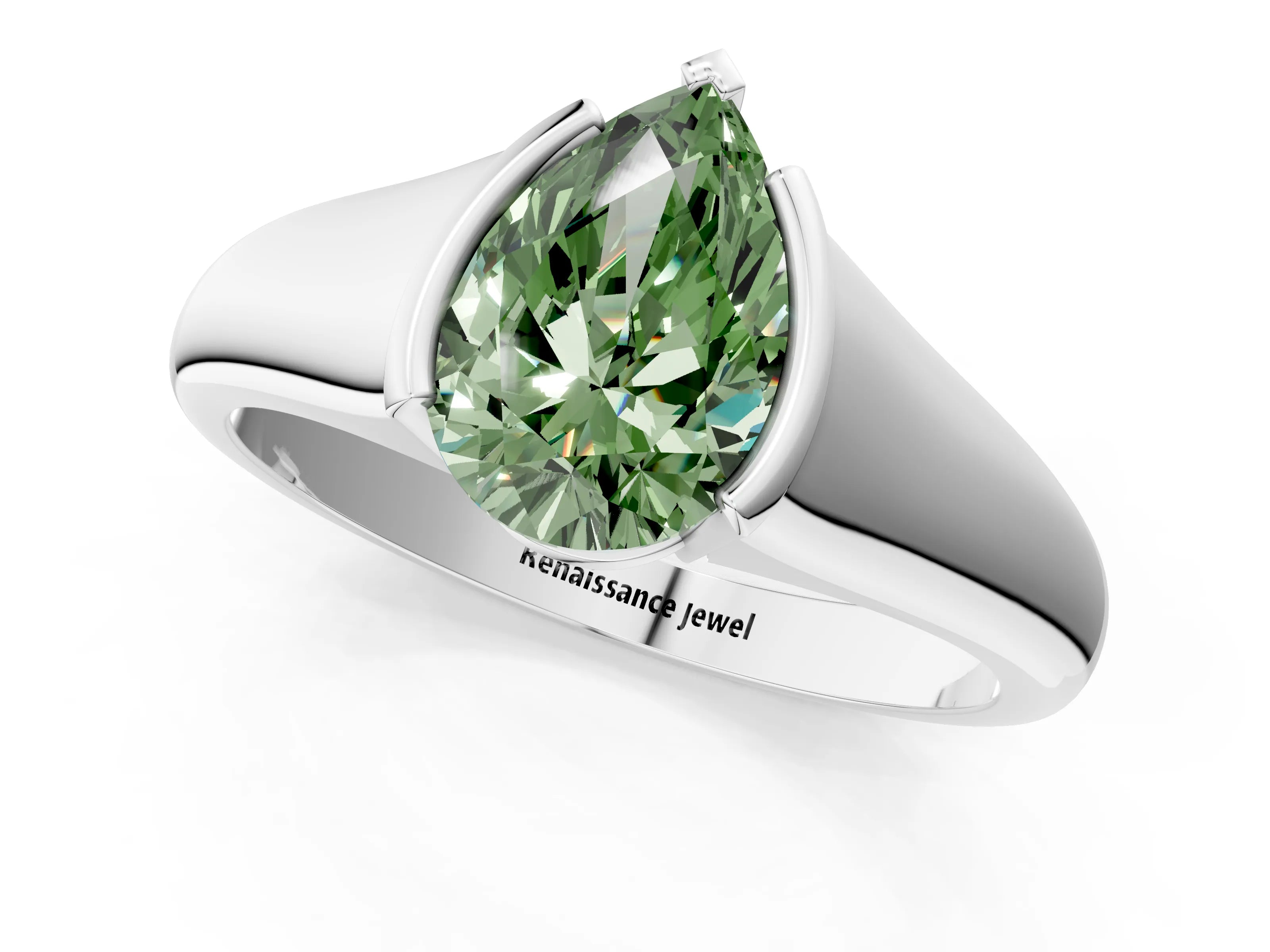 White gold Fancy Green Pear Cut Solitaire Tension Set Diamond Ring with Split Shank Band_1