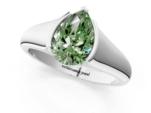 White gold Fancy Green Pear Cut Solitaire Tension Set Diamond Ring with Split Shank Band_1