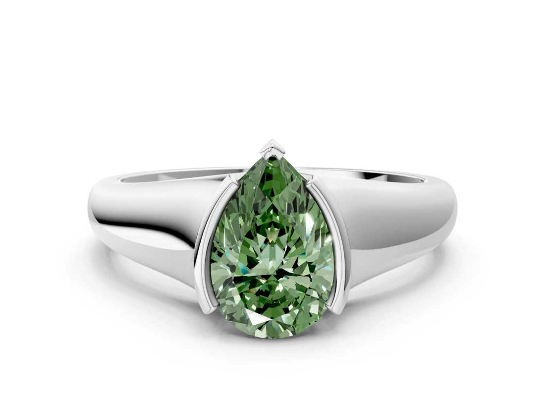 White gold Fancy Green Pear Cut Solitaire Tension Set Diamond Ring with Split Shank Band_24