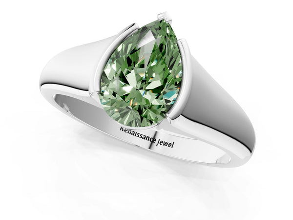 Platinum Fancy Green Pear Cut Solitaire Tension Set Diamond Ring with Split Shank Band