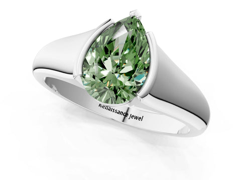 White gold Fancy Green Pear Cut Solitaire Tension Set Diamond Ring with Split Shank Band_25