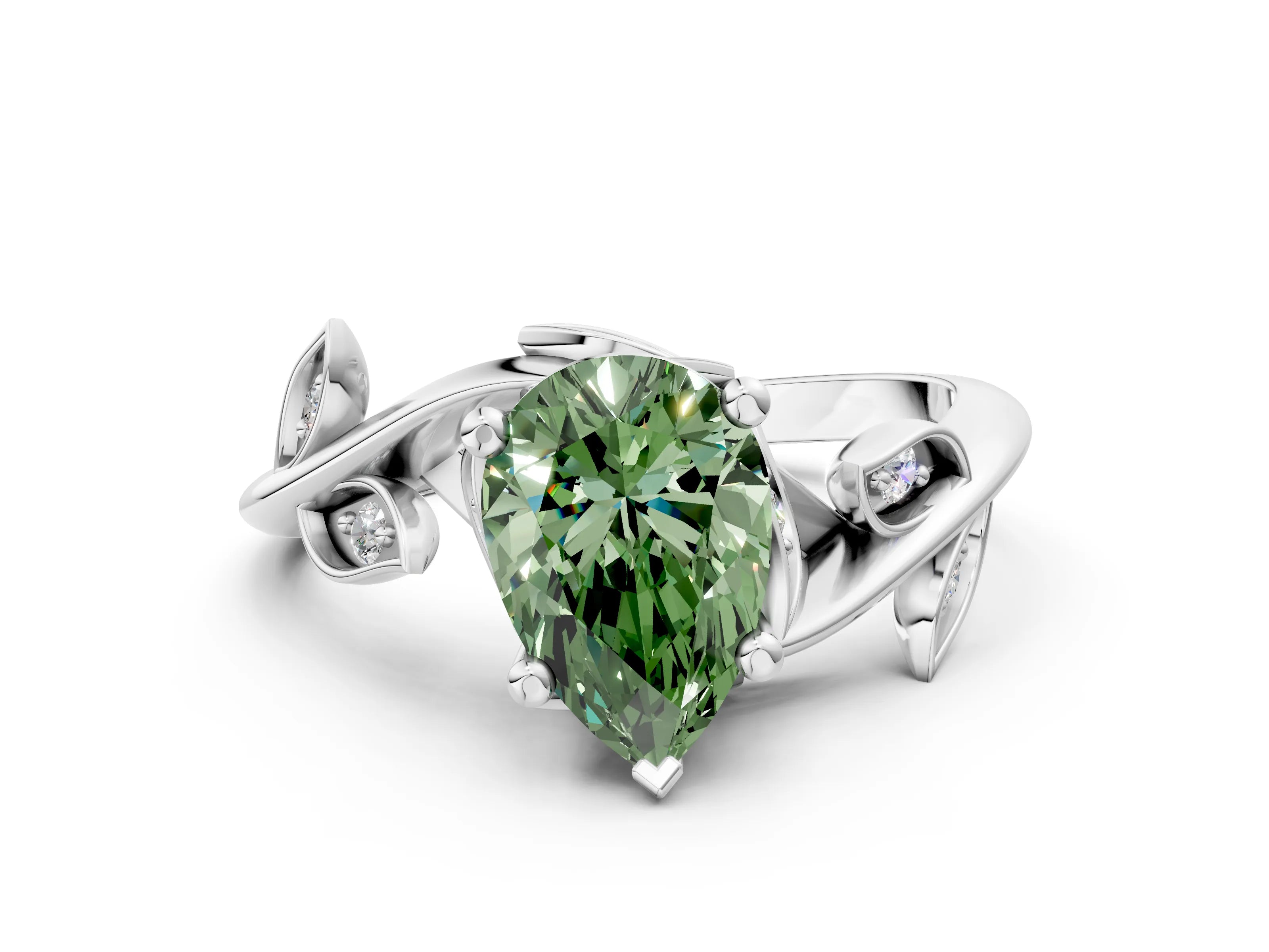 White gold Fancy Green Pear Cut Solitaire Twist Engagement Ring with Leaf Accents and Prong Setting