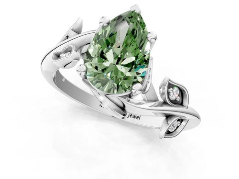 White gold Fancy Green Pear Cut Solitaire Twist Engagement Ring with Leaf Accents and Prong Setting_13