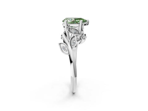 White gold Fancy Green Pear Cut Solitaire Twist Engagement Ring with Leaf Accents and Prong Setting_14