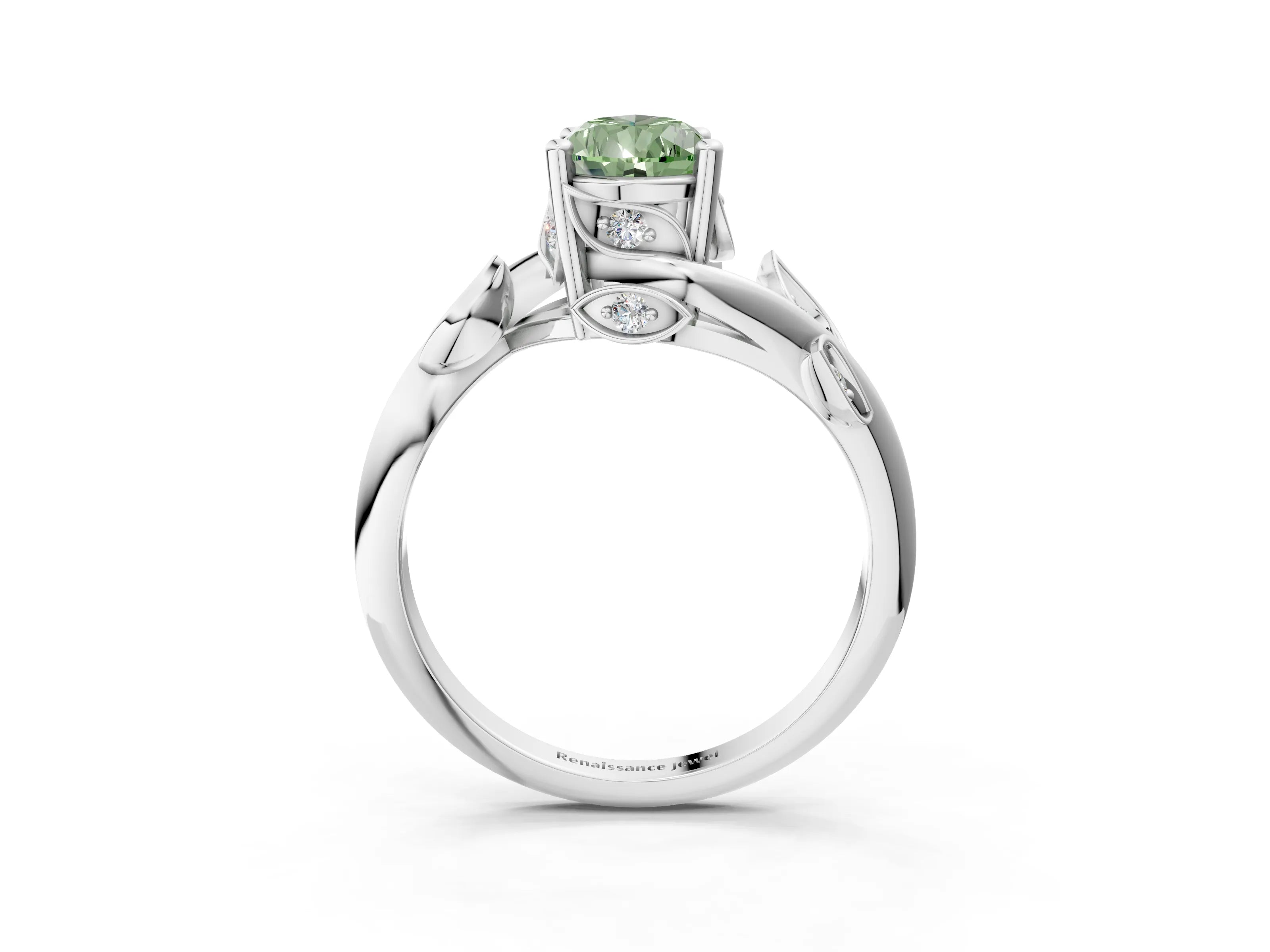 White gold Fancy Green Pear Cut Solitaire Twist Engagement Ring with Leaf Accents and Prong Setting_15