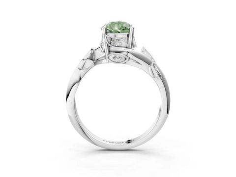 White gold Fancy Green Pear Cut Solitaire Twist Engagement Ring with Leaf Accents and Prong Setting_15