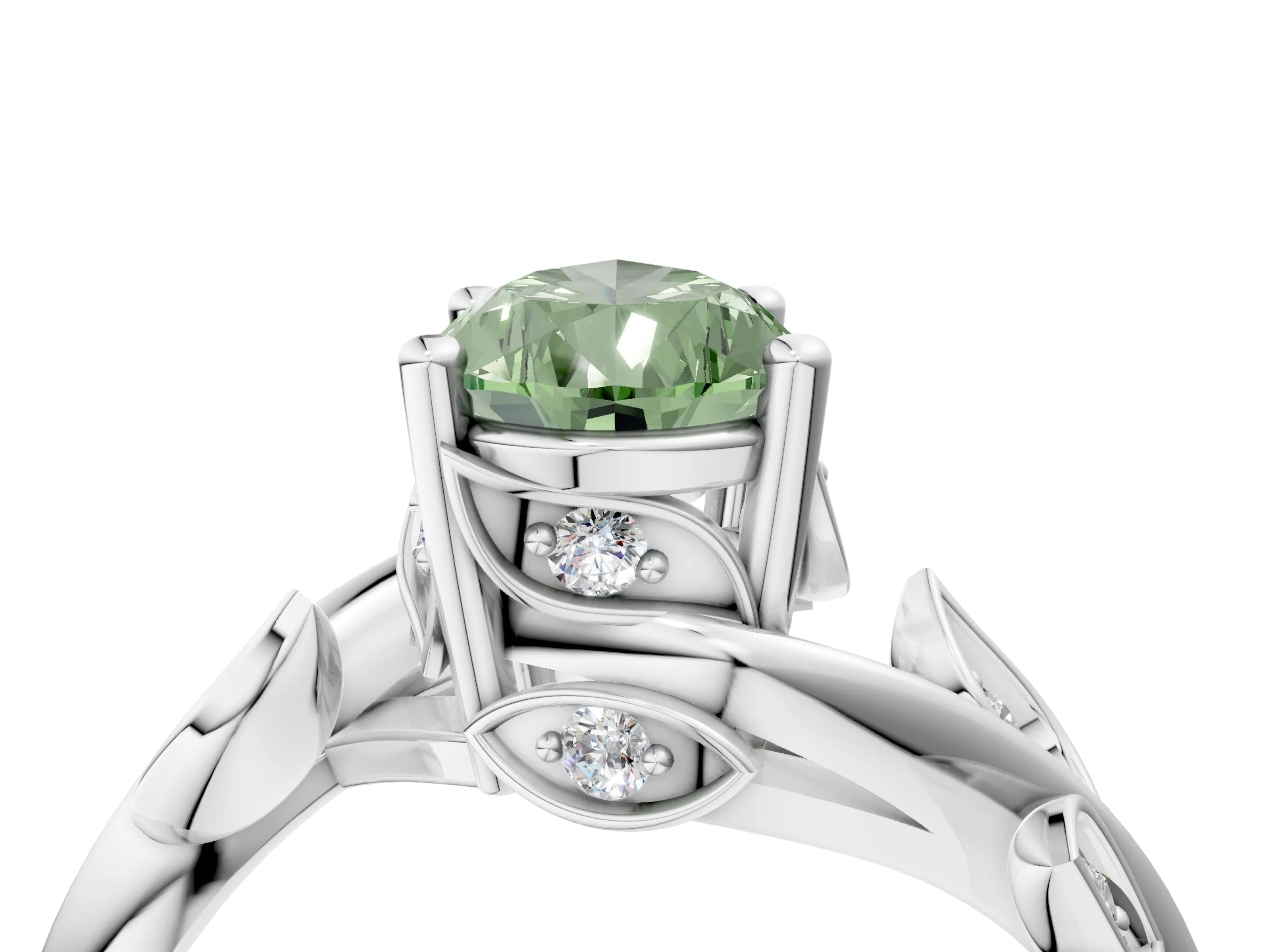 White gold Fancy Green Pear Cut Solitaire Twist Engagement Ring with Leaf Accents and Prong Setting_16