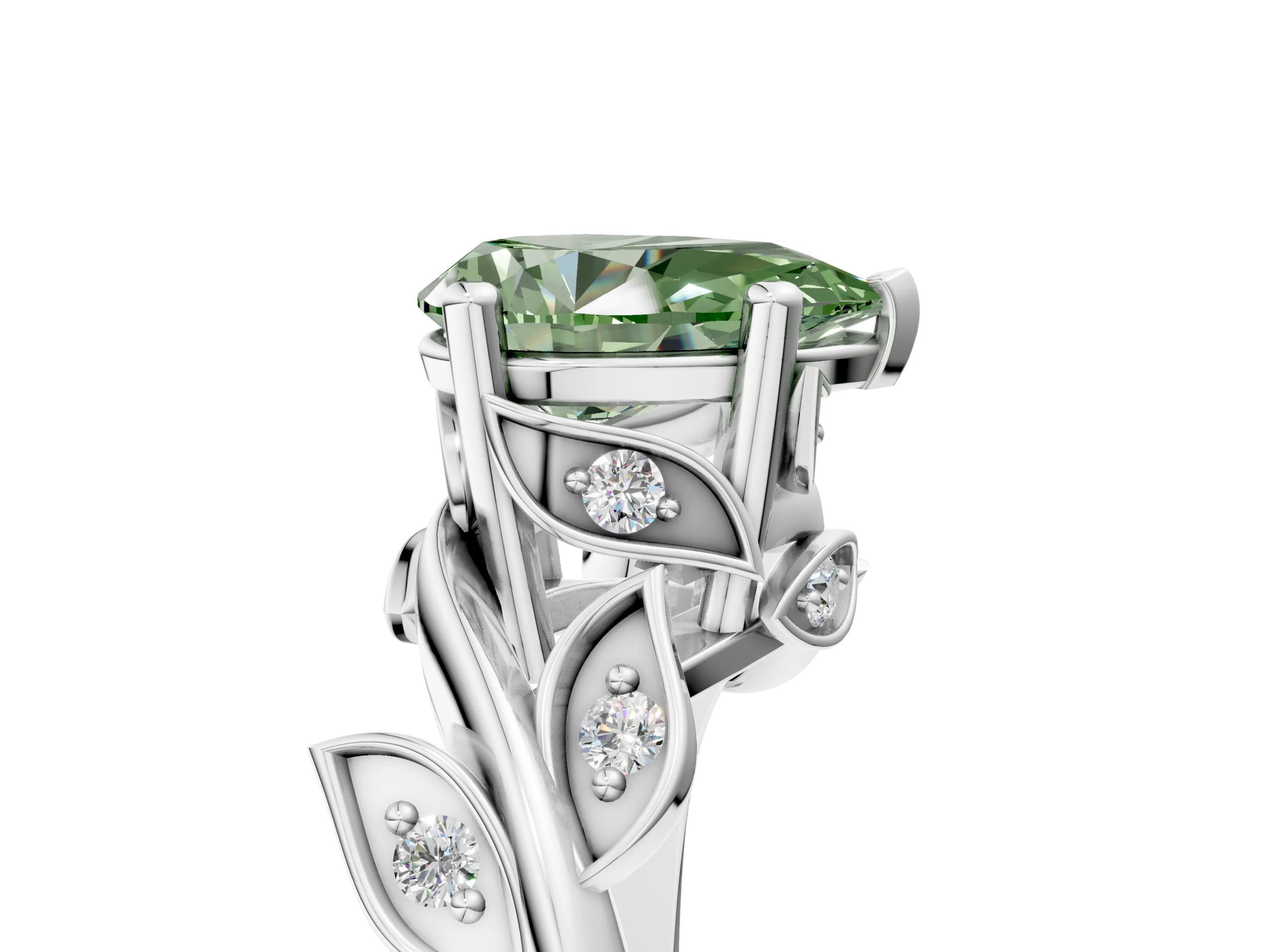 White gold Fancy Green Pear Cut Solitaire Twist Engagement Ring with Leaf Accents and Prong Setting_17