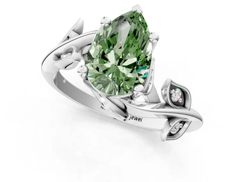 White gold Fancy Green Pear Cut Solitaire Twist Engagement Ring with Leaf Accents and Prong Setting_1