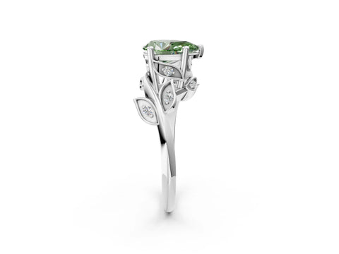 White gold Fancy Green Pear Cut Solitaire Twist Engagement Ring with Leaf Accents and Prong Setting_2