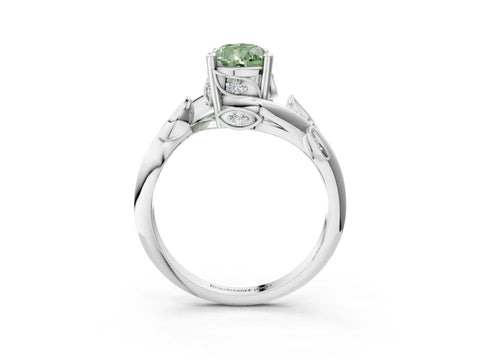 White gold Fancy Green Pear Cut Solitaire Twist Engagement Ring with Leaf Accents and Prong Setting_3